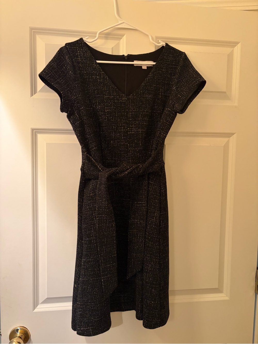 LOFT Black Tweed V-Neck Belted Midi Dress